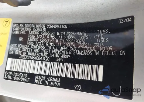 2004 Toyota Highlander V6 z USA, uszkodzony, nr VIN JTEEP21A640043120